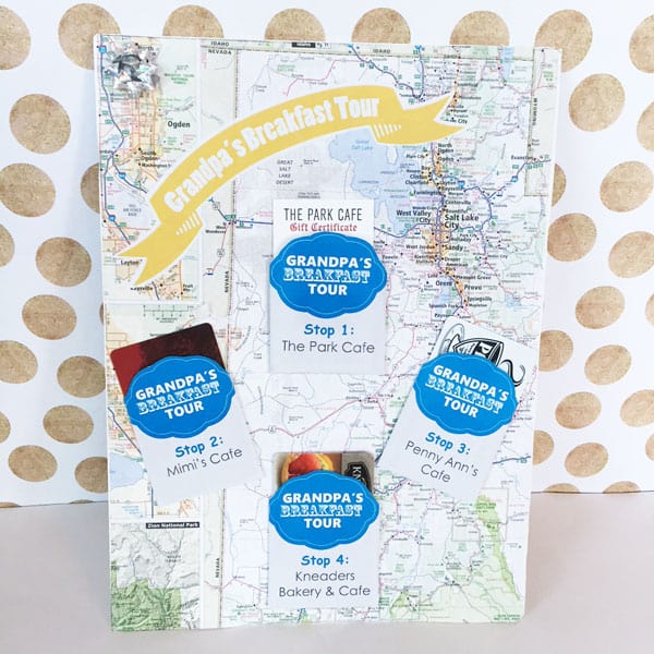 Picture of custom DIY Breakfast Tour Gift for Older Men, a Map with attached gift cards for different breakfast locations