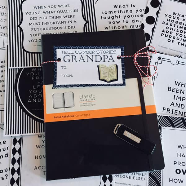 Journal with a gift tag saying Tell me your stories Gift for older men