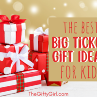 A golden background with sparkly lights. A stack of white and red wrapped gifts. Text overlay says The Best Big Ticket Gift Ideas for Kids