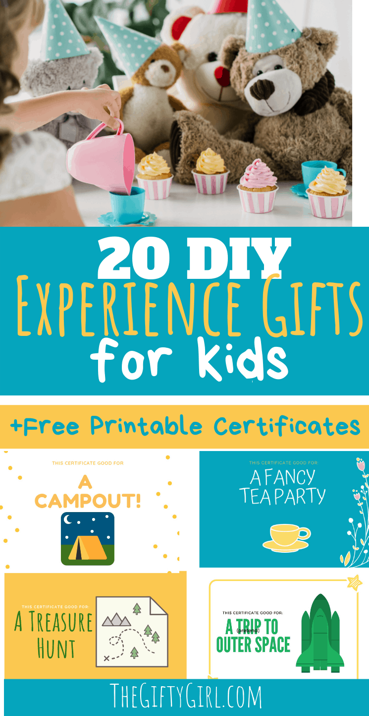 Experience Gift ideas are a great alternative gift that cuts down on clutter, but they get expensive. Check out this post on 20 DIY Experience Gift ideas for kids that are cheap or free. This includes free printable gift certificates to make giving these experience gifts for kids fun! #thegiftygirl #creativegifting #thoughtfulgifting #giftideas #experiencegiftideas #experiencegift #giftsforkids #giftguides #freeprintables #printablesforgifts