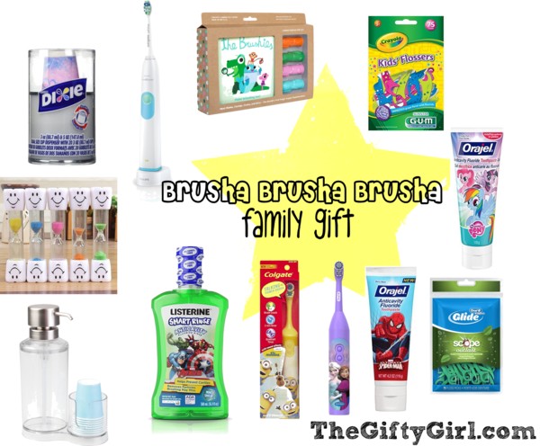 Pictures of toothbrushes, tooth brush timers, flossers and mouth wash with a text overlay saying "Brusha Brusha Brusha family gift." 