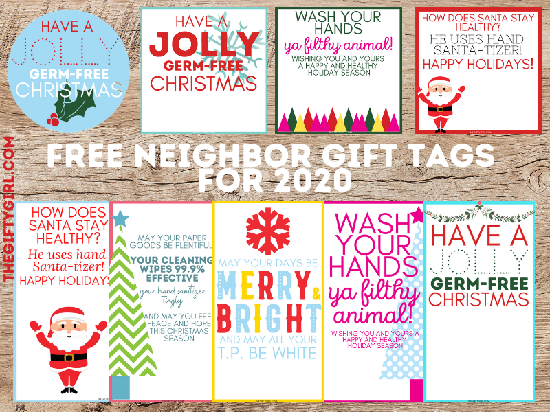 Graphic of 9 free neighbor Christmas gift tags on a wooden table