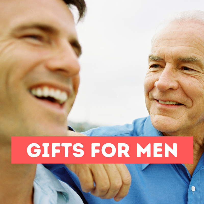 An older man rests his arm on a younger man's shoulder. Both are smiling. Text overlay says Gifts for Men