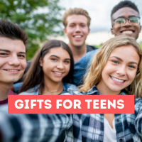 group of five teenagers of different ethnicities posing for a selfie. Text overlay says Gifts for Teens.