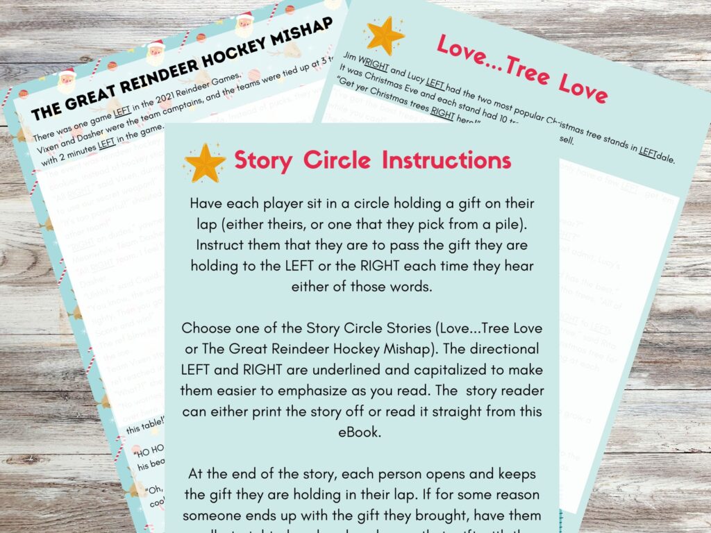 A wooden table with three pages on top. The paper is blue and has Story Circle Instructions and two stories for Story Circle Gift Exchange Game