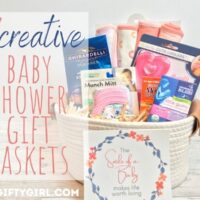 A basket of baby products with text overlay that says 7 creative baby shower gift baskets