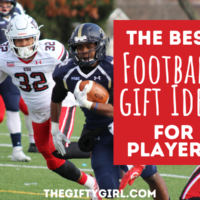 A photograph of teen football players in the middle of a game. Text overlay says the best football gift ideas for players.