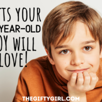 A blond boy with brown eyes wearing an orange sweatshirt. Text overlay says Gifts your 10-year-old boy will love The Gifty Girl dot com