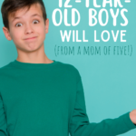 A boy wearing a green long sleeve shirt is shrugging. He has brown hair and blue eyes and is around 12 years old. Text overlay says gift ideas 12 year old boys will love from a mom of five.