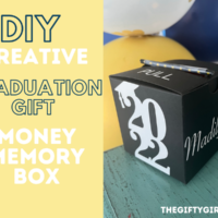 A photo of a small decorated black box. Text overlay says DIY Creative Graduation Gift Money memory Box.